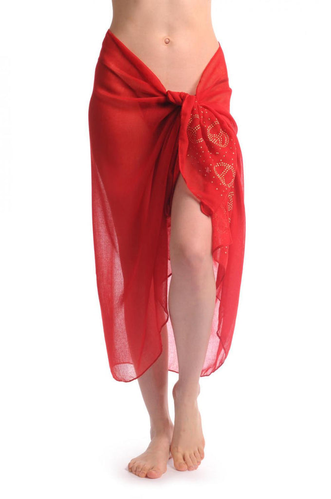 Liss Kiss Red With Gold Studded Peace Signs Unisex Scarf & Beach Sarong - Scarf