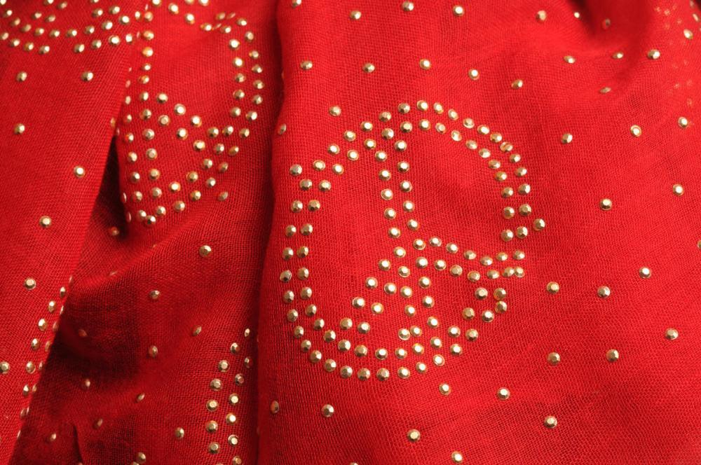 Liss Kiss Red With Gold Studded Peace Signs Unisex Scarf & Beach Sarong - Scarf