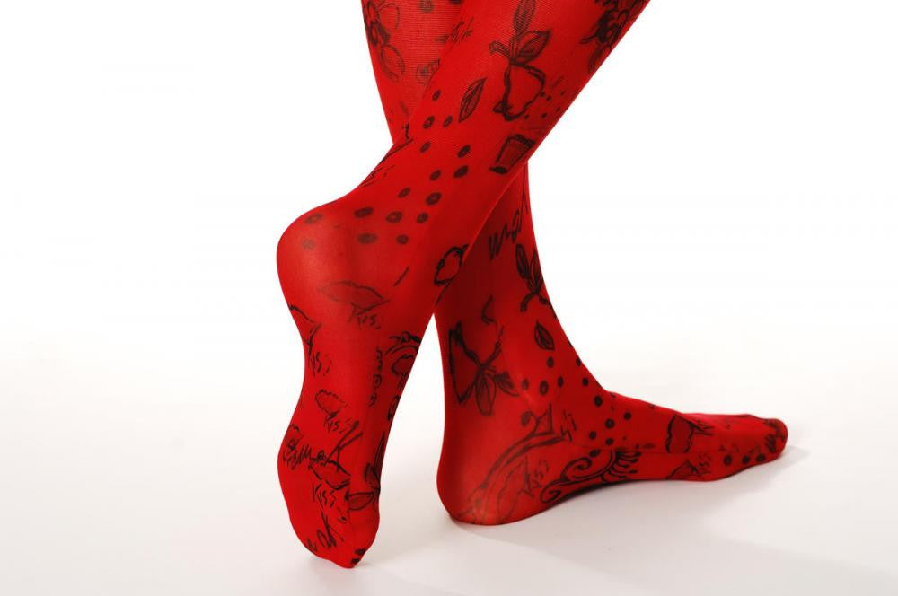 Liss Kiss Red With Little Black Flowers & Lips - Tights