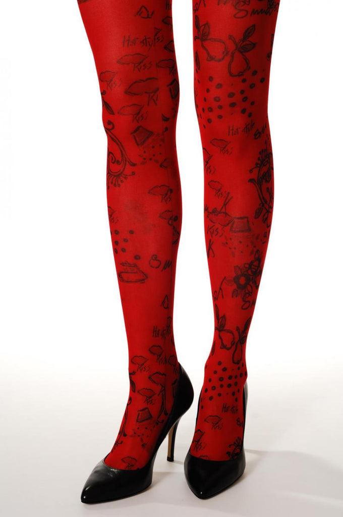 Liss Kiss Red With Little Black Flowers & Lips - Tights