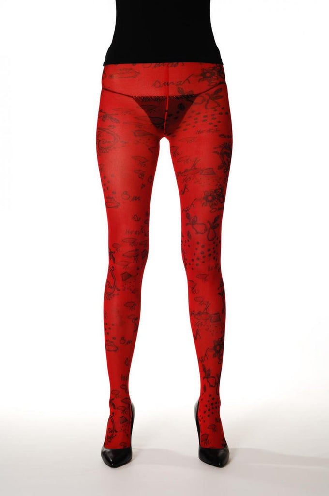 Liss Kiss Red With Little Black Flowers & Lips - Tights