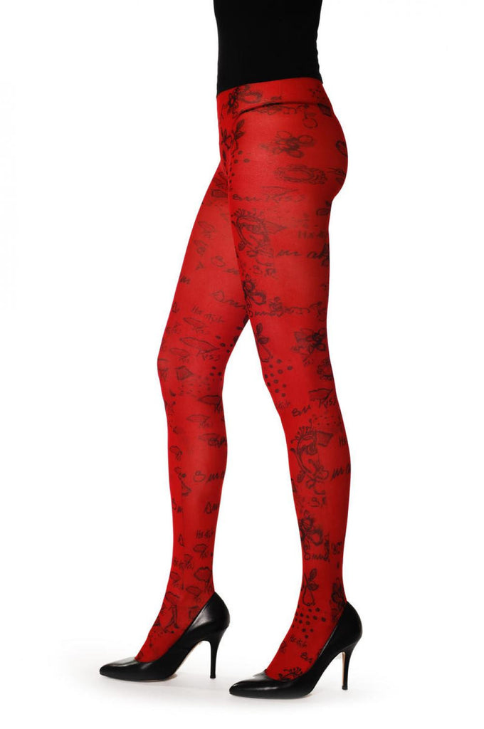 liss kiss Red With Little Black Flowers & Lips - Tights
