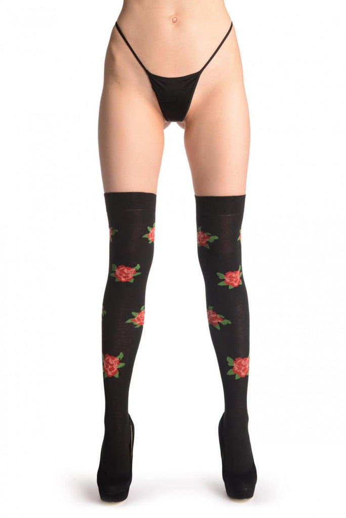 Liss Kiss Red With Pink Roses On Black - Over The Knee Socks