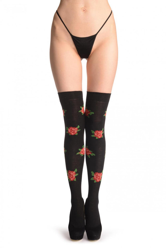 liss kiss Red With Pink Roses On Black - Over The Knee Socks