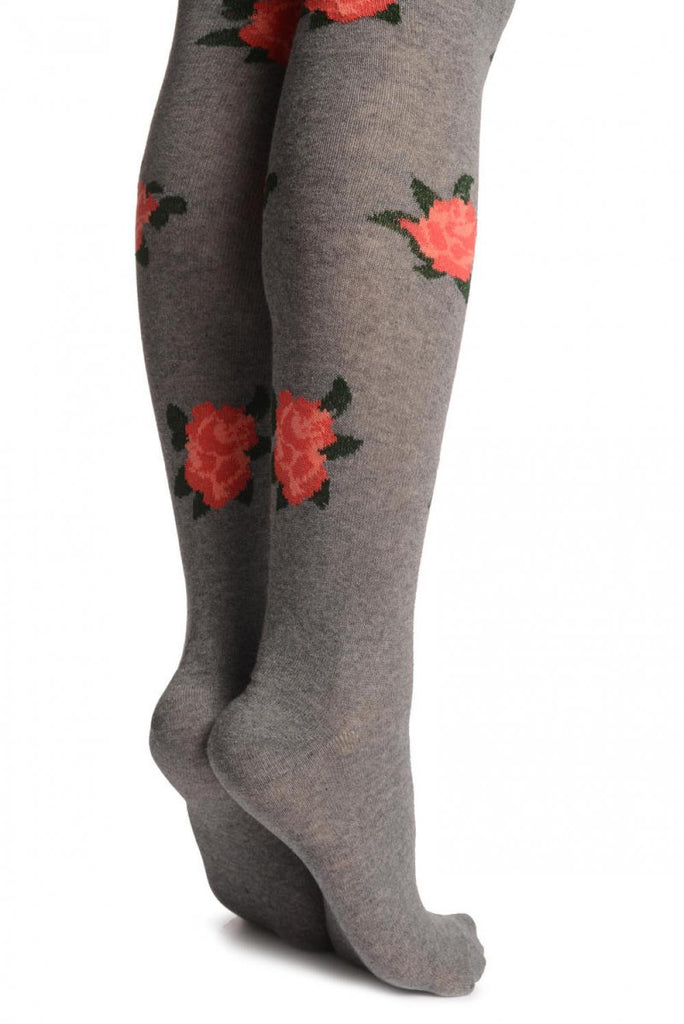 Liss Kiss Red With Pink Roses On Grey - Over The Knee Socks