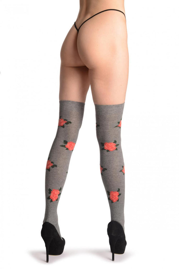 Liss Kiss Red With Pink Roses On Grey - Over The Knee Socks