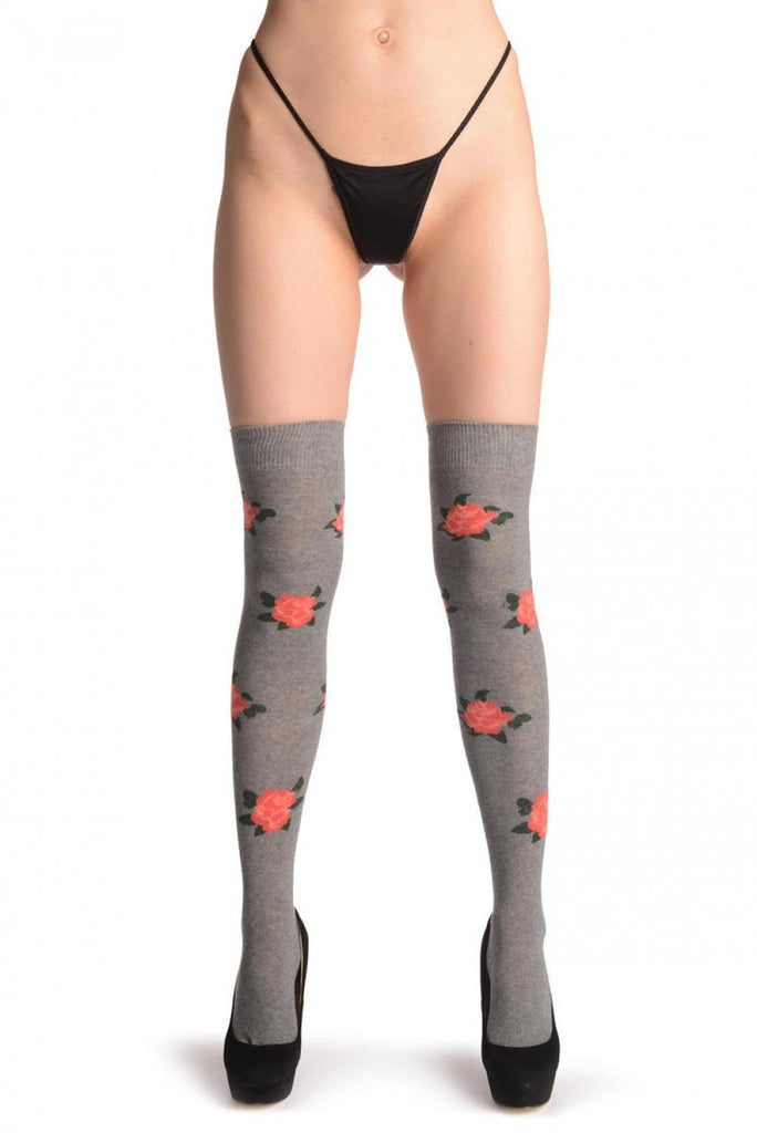 Liss Kiss Red With Pink Roses On Grey - Over The Knee Socks