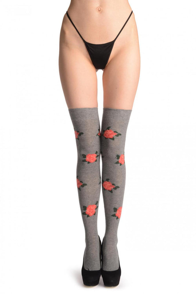liss kiss Red With Pink Roses On Grey - Over The Knee Socks