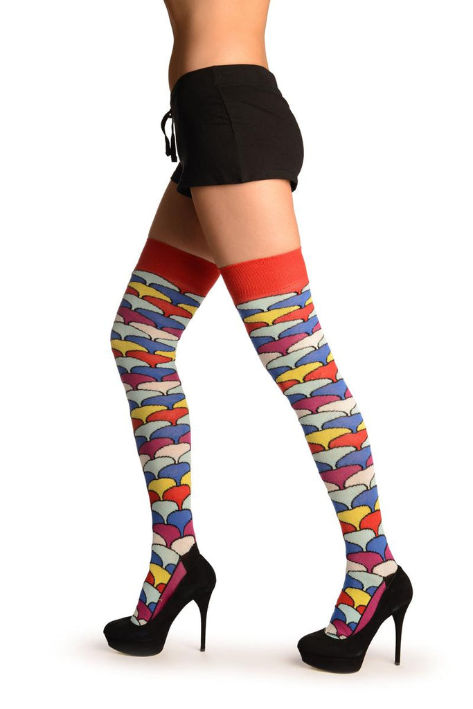 Liss Kiss Red With Rainbow Scale Over The Knee Socks - Over The Knee Socks