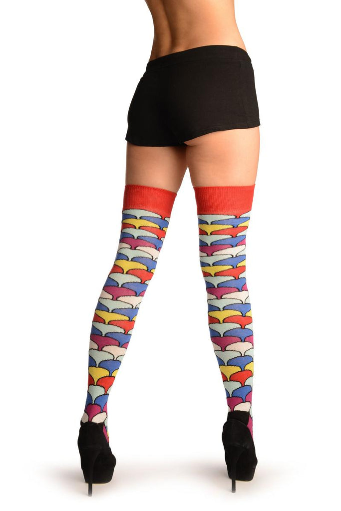 Liss Kiss Red With Rainbow Scale Over The Knee Socks - Over The Knee Socks