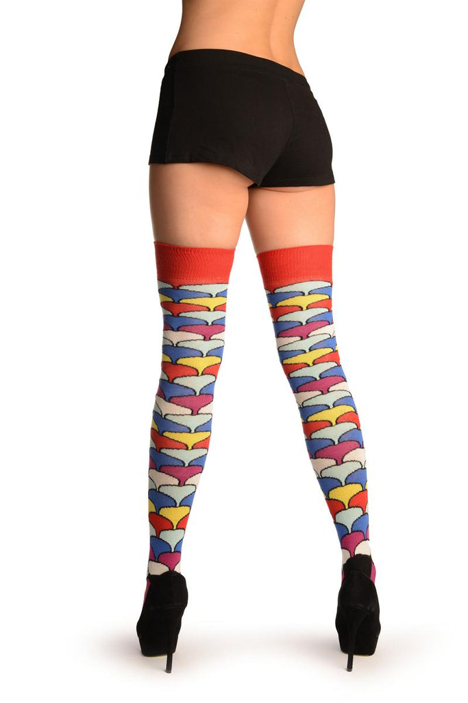 Liss Kiss Red With Rainbow Scale Over The Knee Socks - Over The Knee Socks