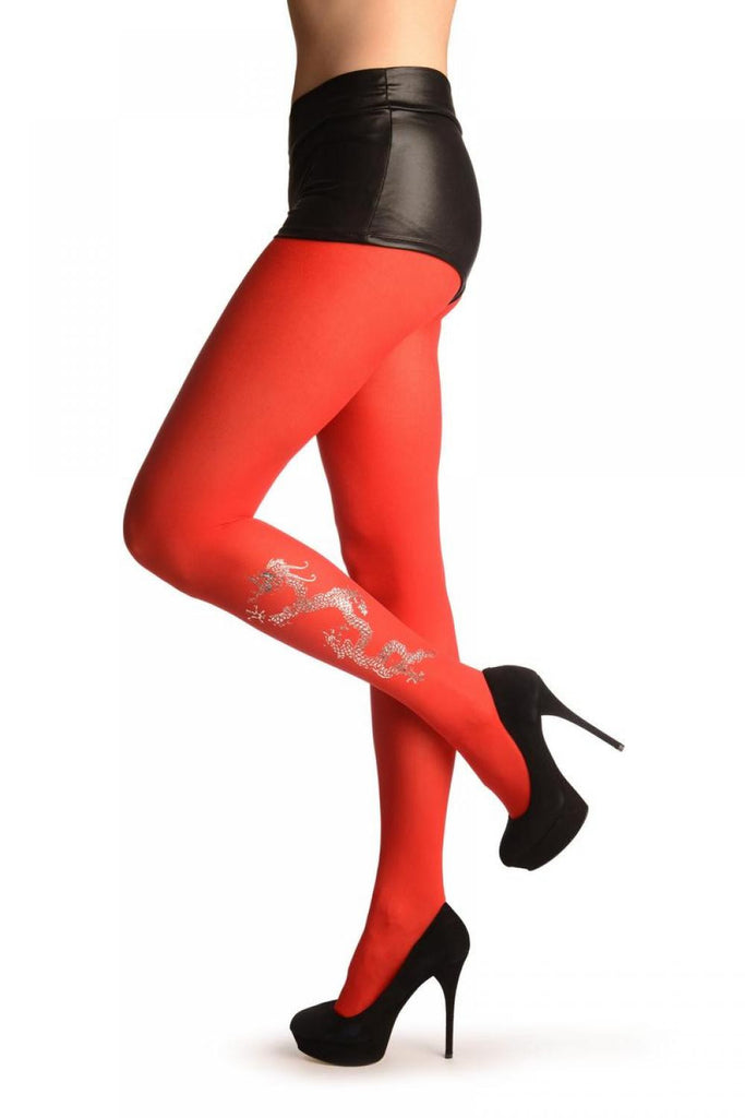 liss kiss Red With Silver Film Printed Dragon - Tights