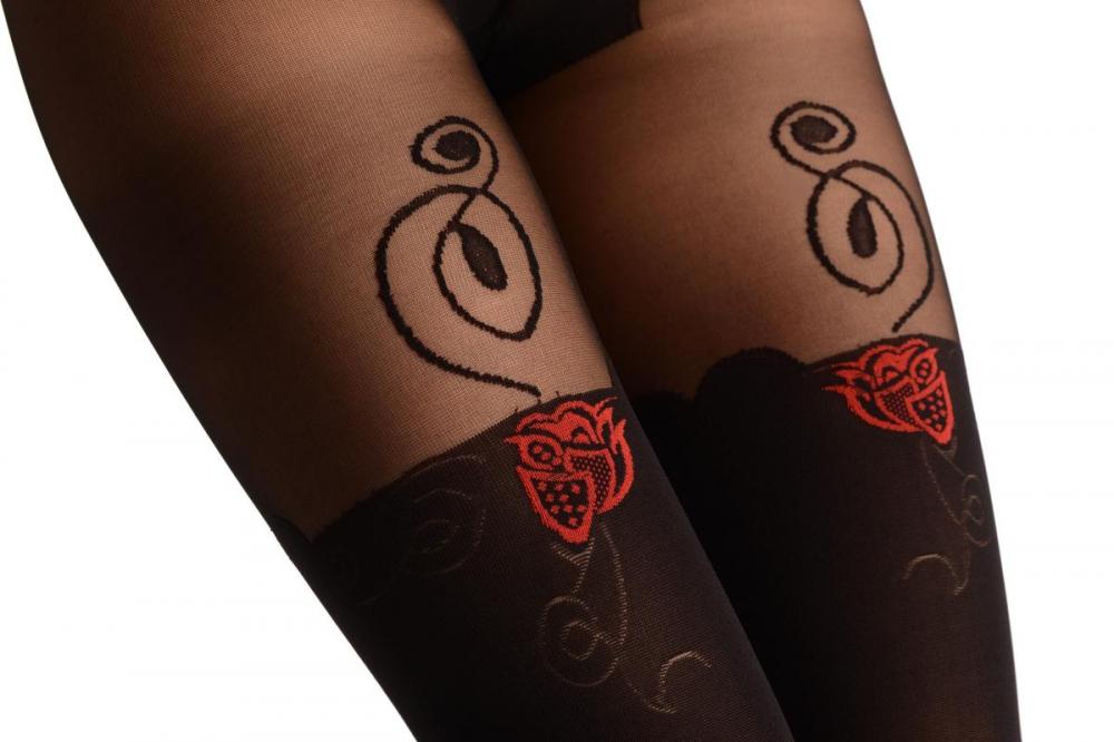Liss Kiss Red Woven Rose On Black Faux Stockings - Tights