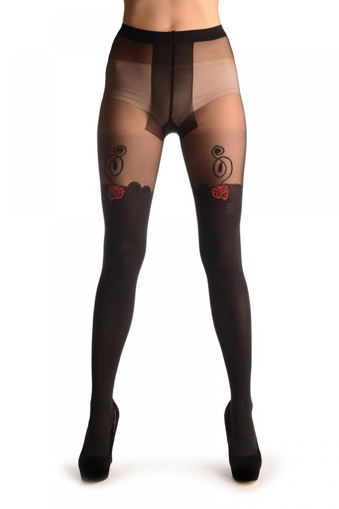 Liss Kiss Red Woven Rose On Black Faux Stockings - Tights