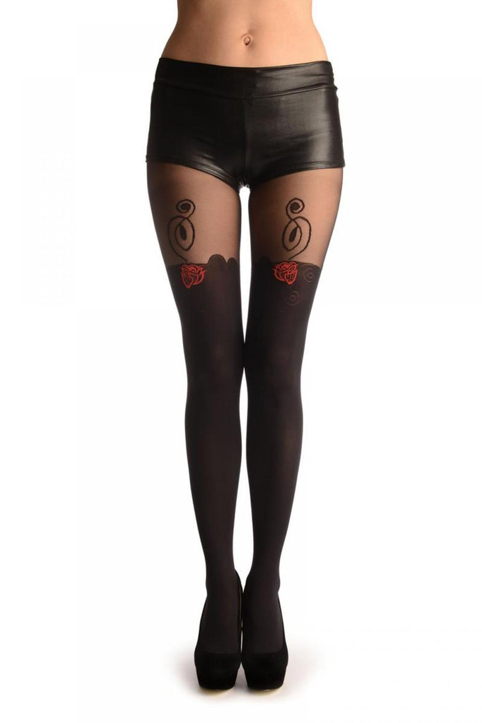 liss kiss Red Woven Rose On Black Faux Stockings - Tights