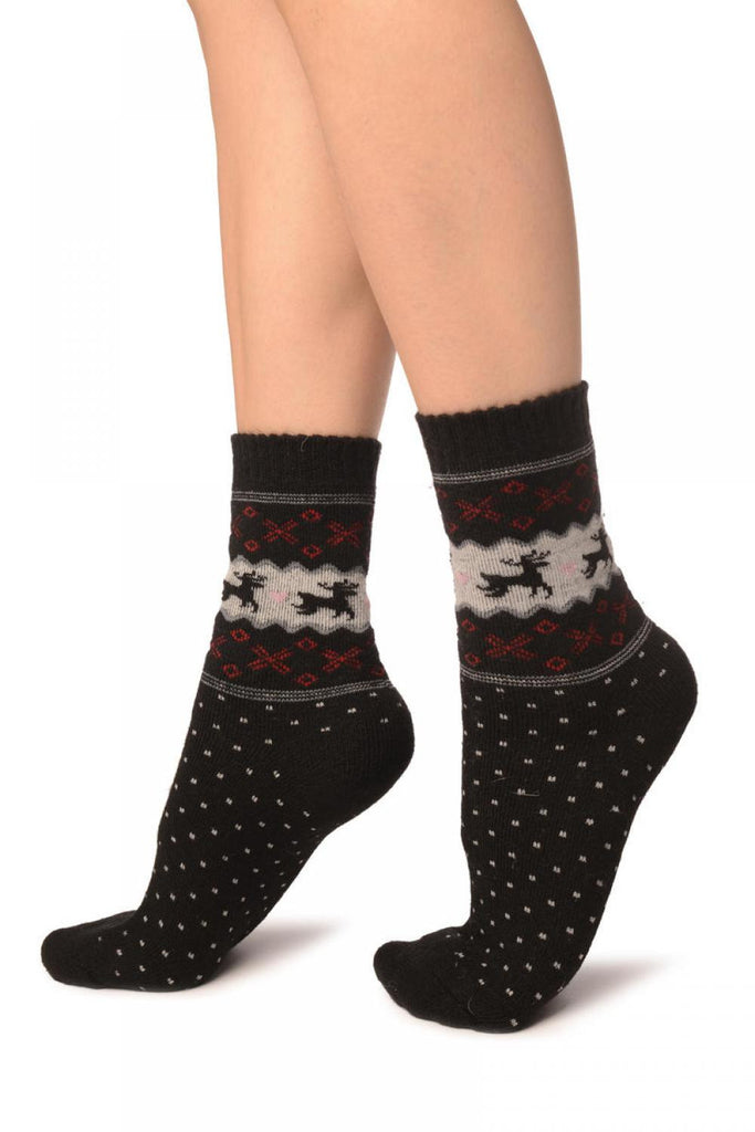 Liss Kiss Reindeers & Dots On Black Angora Ankle High Socks - Socks