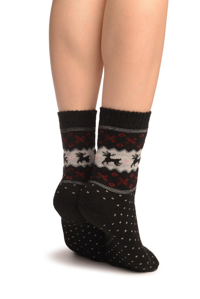 Liss Kiss Reindeers & Dots On Black Angora Ankle High Socks - Socks