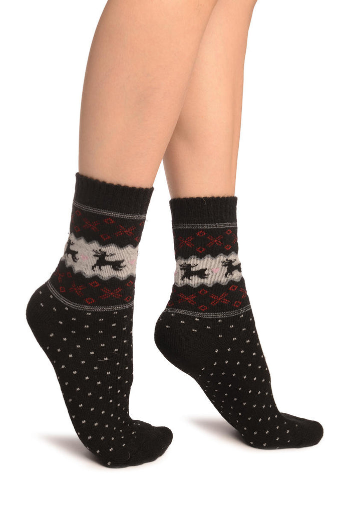 liss kiss Reindeers & Dots on Black Angora Ankle High Socks - Socks