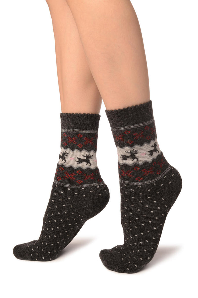Liss Kiss Reindeers & Dots On Dark Grey Angora Ankle High Socks - Socks