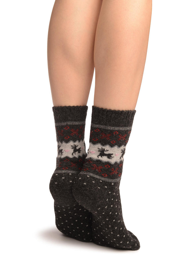 Liss Kiss Reindeers & Dots On Dark Grey Angora Ankle High Socks - Socks