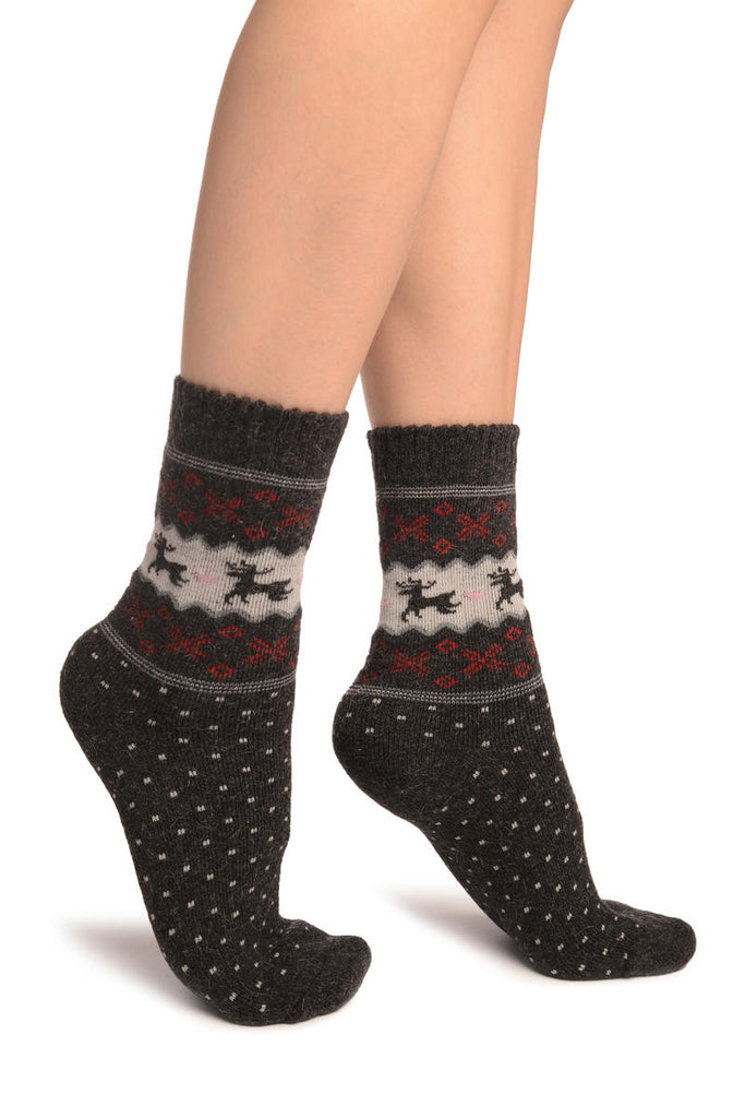 liss kiss Reindeers & Dots on Dark Grey Angora Ankle High Socks - Socks