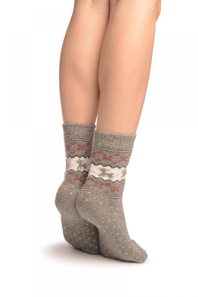 Liss Kiss Reindeers & Dots On Grey Angora Ankle High Socks - Socks