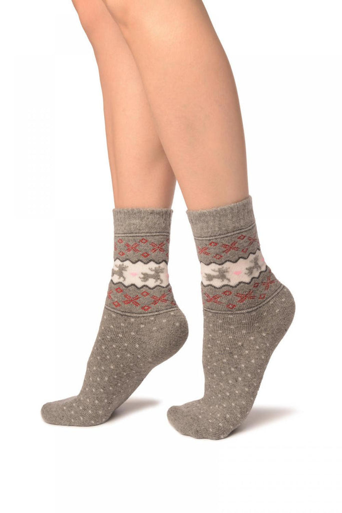 Liss Kiss Reindeers & Dots On Grey Angora Ankle High Socks - Socks