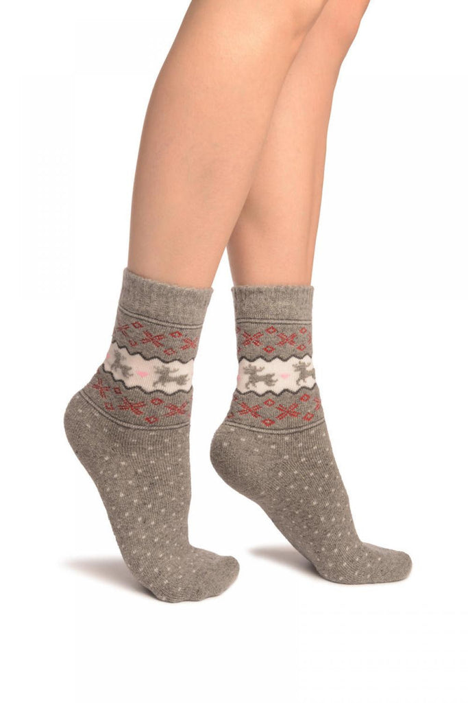 liss kiss Reindeers & Dots on Grey Angora Ankle High Socks - Socks