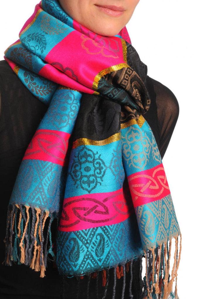 Liss Kiss Reversed Flowers With Gold Lurex On Blue Pashmina With Tassels - Scarf