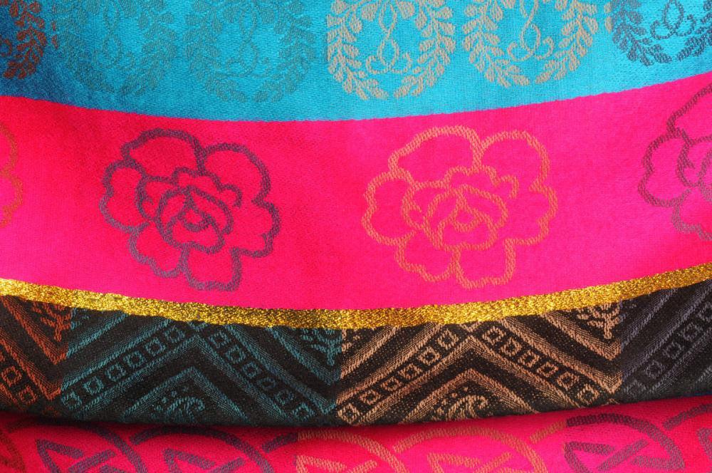 Liss Kiss Reversed Flowers With Gold Lurex On Blue Pashmina With Tassels - Scarf