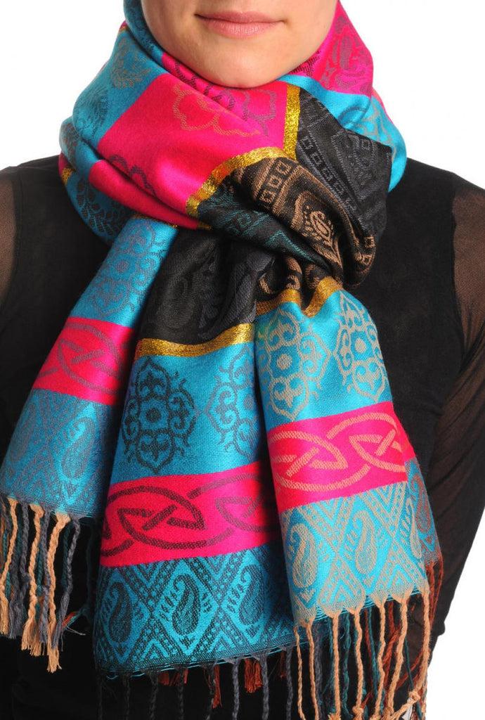 liss kiss Reversed Flowers With Gold Lurex On Blue Pashmina With Tassels - Scarf