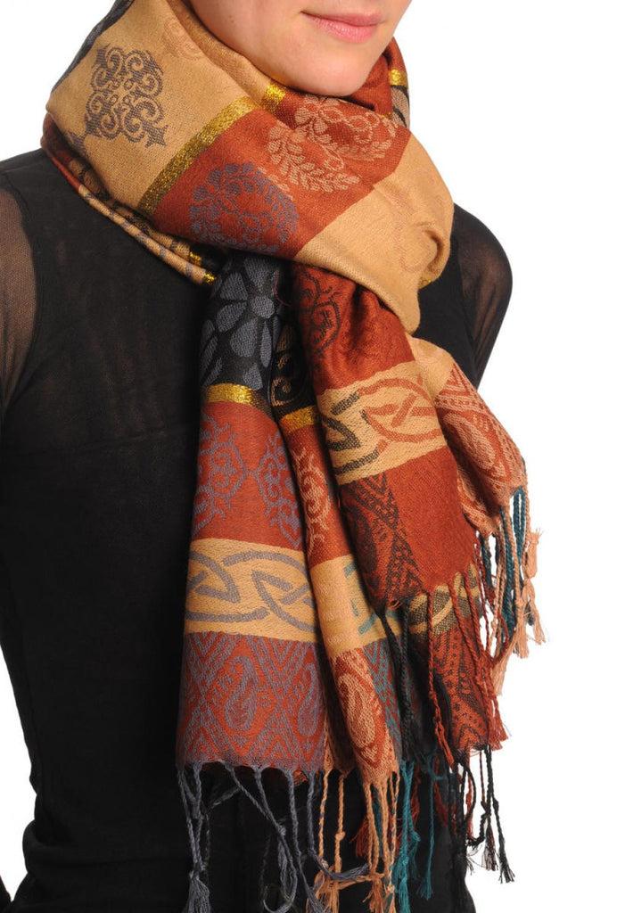 Liss Kiss Reversed Flowers With Gold Lurex On Brown Pashmina With Tassels - Scarf