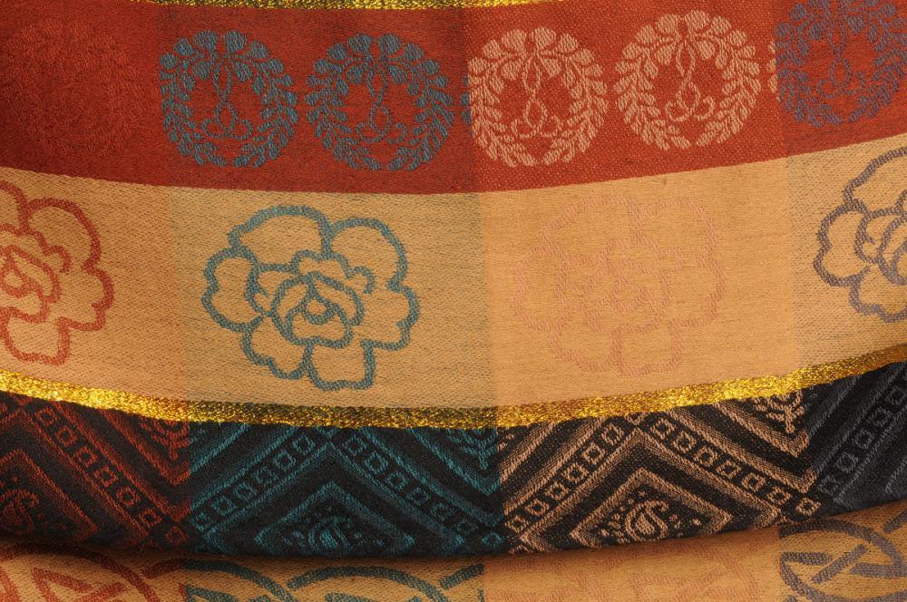 Liss Kiss Reversed Flowers With Gold Lurex On Brown Pashmina With Tassels - Scarf