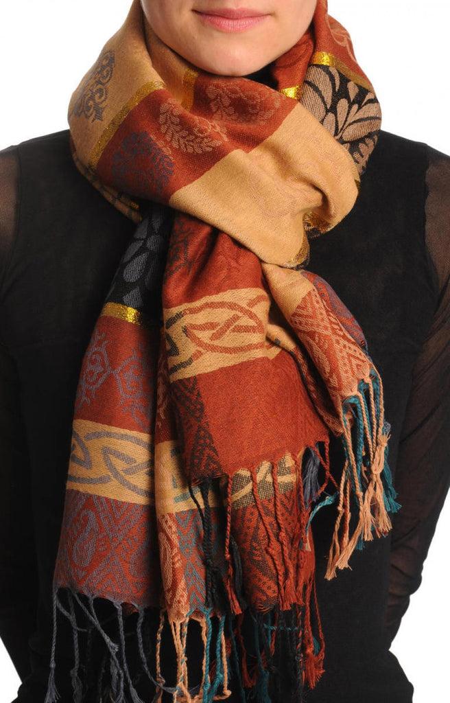 liss kiss Reversed Flowers With Gold Lurex On Brown Pashmina With Tassels - Scarf