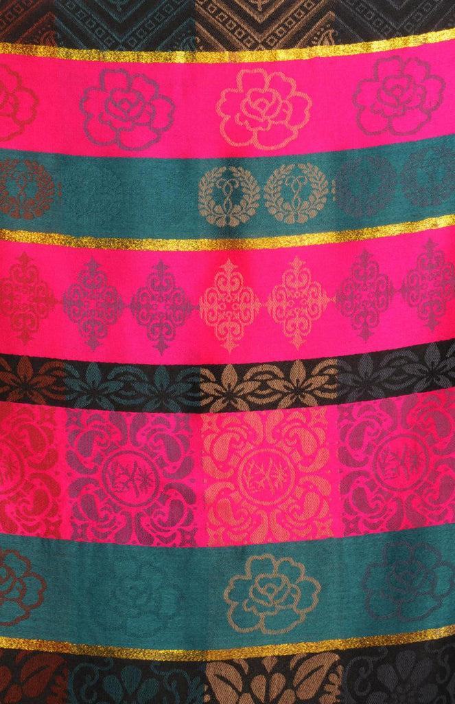 Liss Kiss Reversed Flowers With Gold Lurex On Prussian Blue Pashmina With Tassels - Scarf