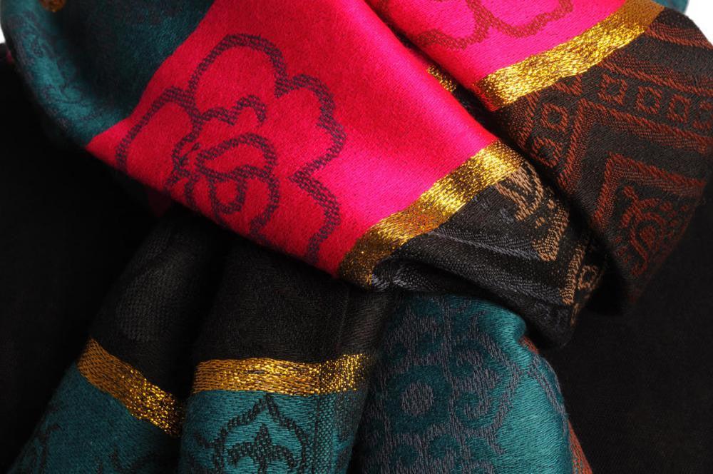 Liss Kiss Reversed Flowers With Gold Lurex On Prussian Blue Pashmina With Tassels - Scarf