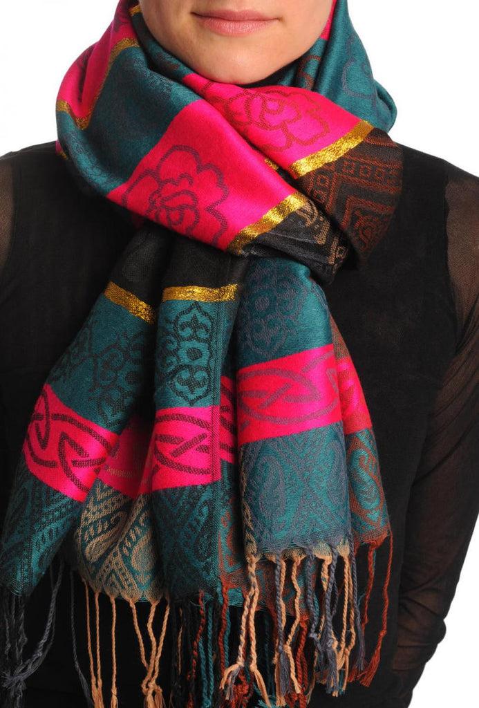 liss kiss Reversed Flowers With Gold Lurex On Prussian Blue Pashmina With Tassels - Scarf