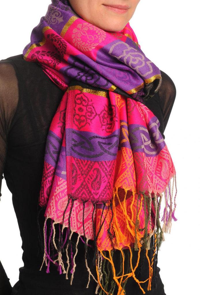 Liss Kiss Reversed Flowers With Gold Lurex On Purple Pashmina With Tassels - Scarf