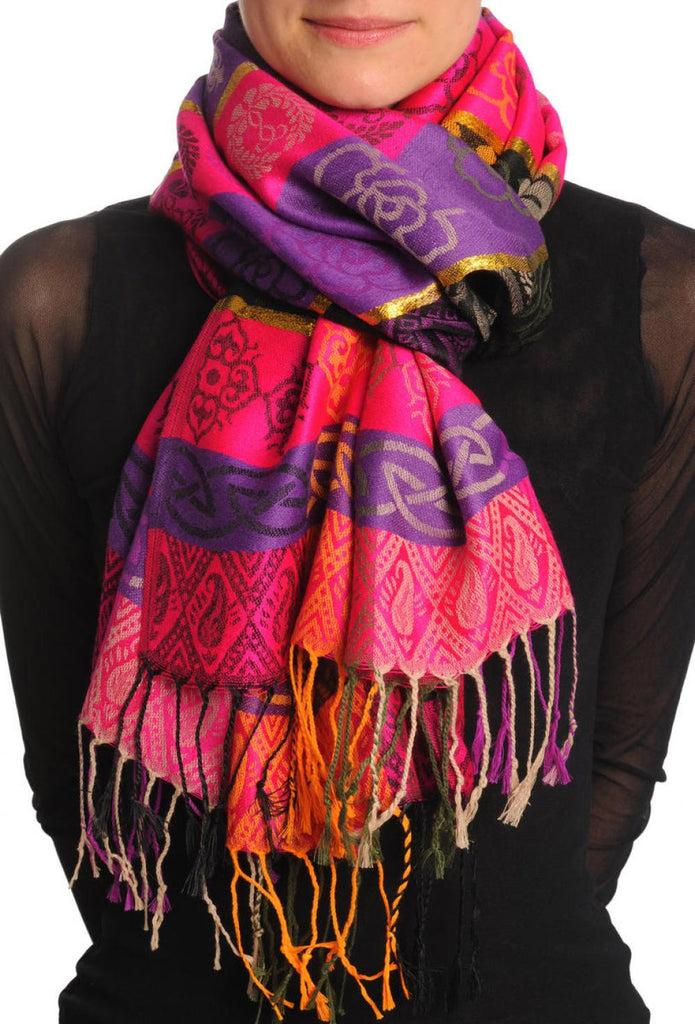 liss kiss Reversed Flowers With Gold Lurex On Purple Pashmina With Tassels - Scarf
