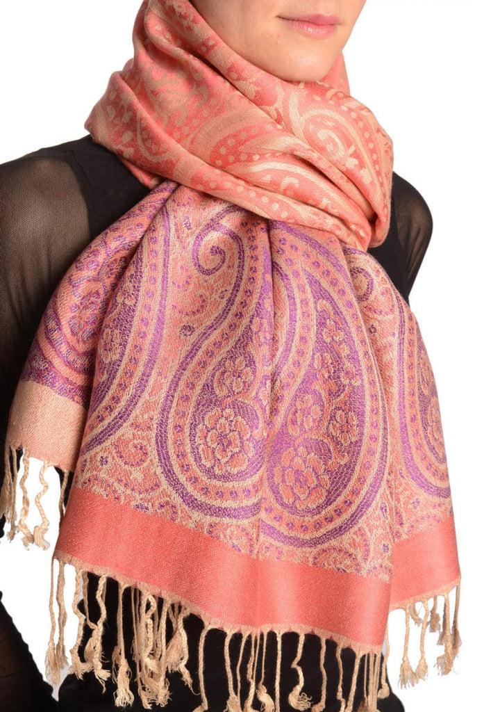 Liss Kiss Reversed Paisley On Coral Pink Pashmina With Tassels - Scarf