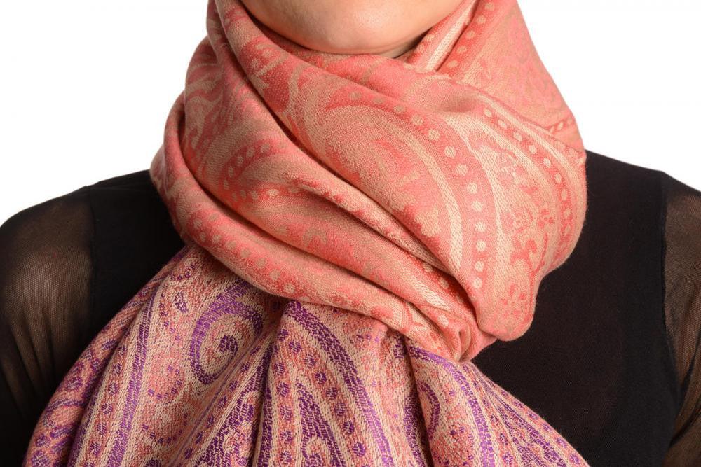Liss Kiss Reversed Paisley On Coral Pink Pashmina With Tassels - Scarf
