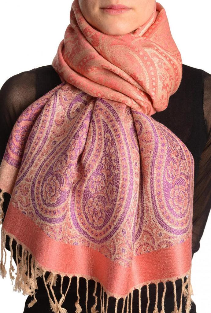 liss kiss Reversed Paisley On Coral Pink Pashmina With Tassels - Scarf