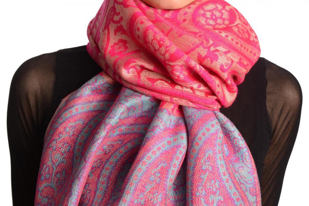 Liss Kiss Reversed Paisley On Magenta Pink Pashmina With Tassels - Scarf