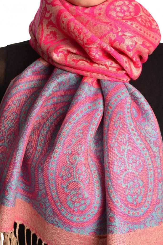 Liss Kiss Reversed Paisley On Magenta Pink Pashmina With Tassels - Scarf