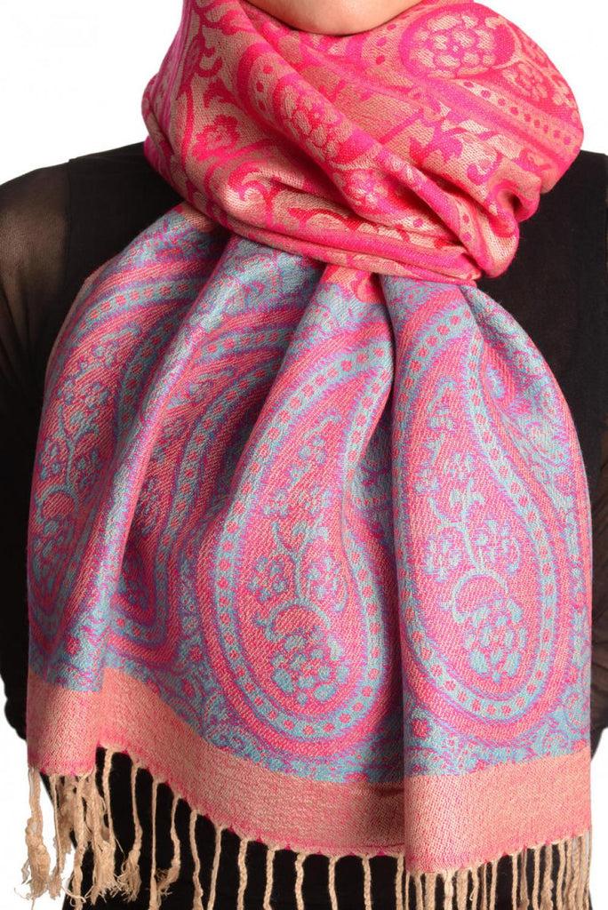 Liss Kiss Reversed Paisley On Magenta Pink Pashmina With Tassels - Scarf