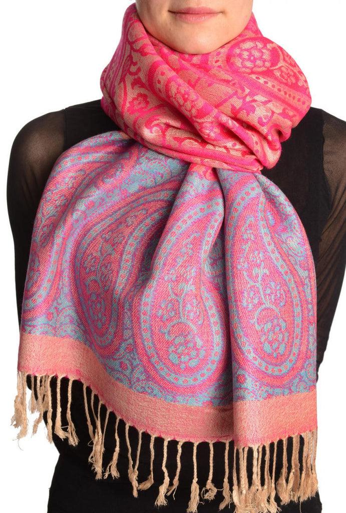 liss kiss Reversed Paisley On Magenta Pink Pashmina With Tassels - Scarf