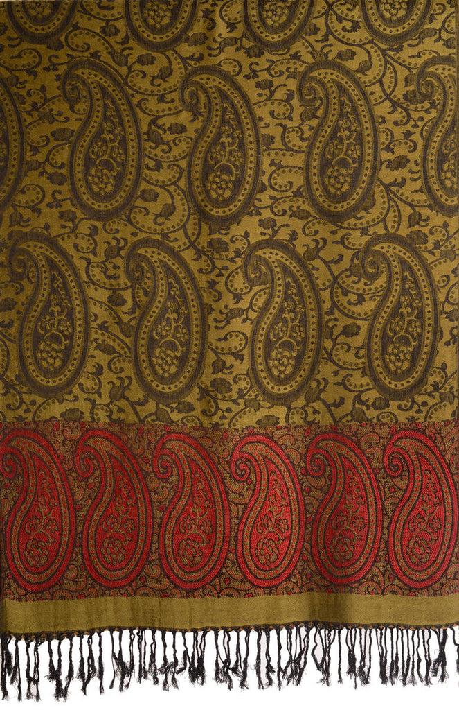 Liss Kiss Reversed Paisley On Olive Green Pashmina With Tassels - Scarf