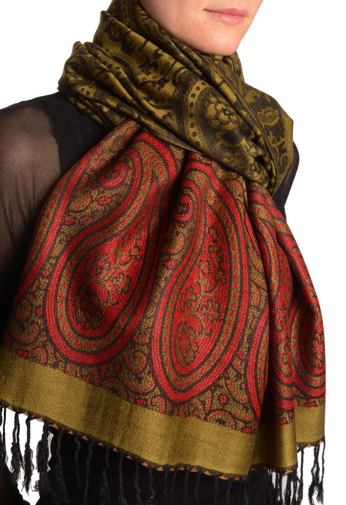 Liss Kiss Reversed Paisley On Olive Green Pashmina With Tassels - Scarf