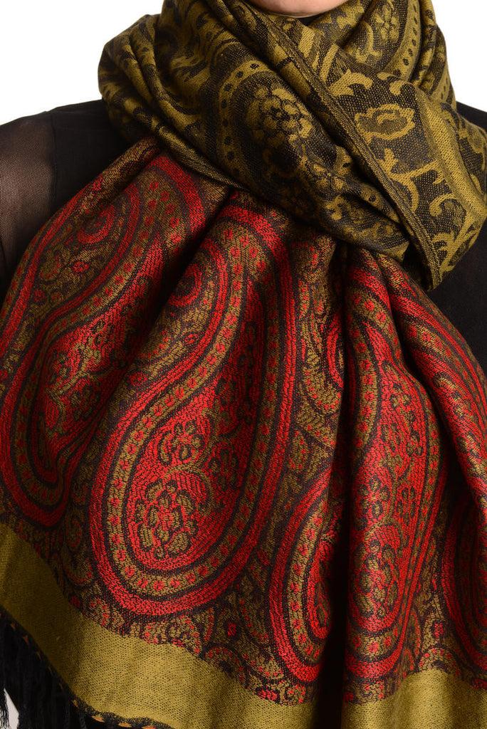Liss Kiss Reversed Paisley On Olive Green Pashmina With Tassels - Scarf