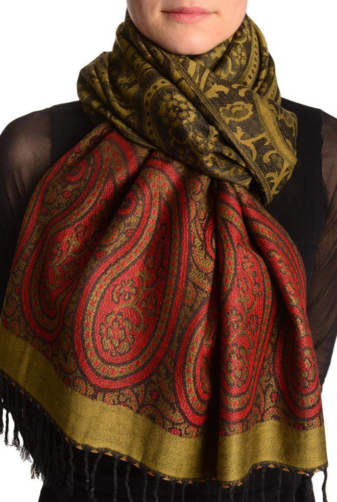 liss kiss Reversed Paisley On Olive Green Pashmina With Tassels - Scarf